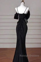 Sexy Mermaid Spaghetti Straps Black Long Formal Dress Satin Prom Dress