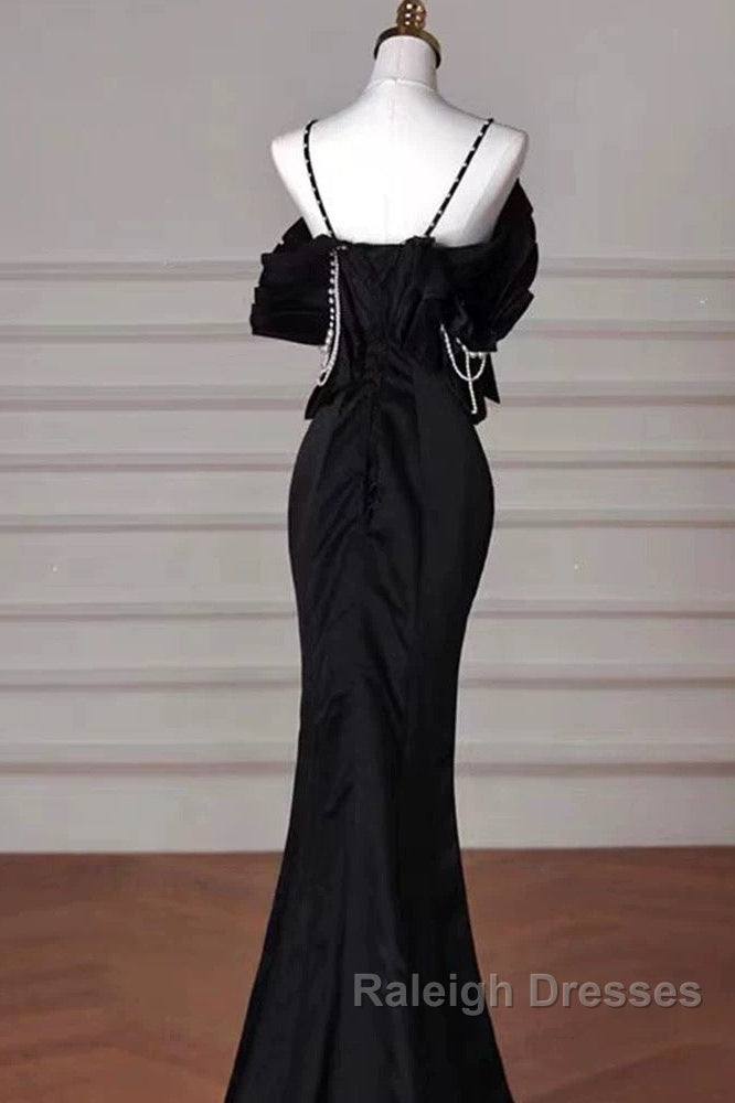 Mermaid Spaghetti Straps Black Long Prom Dresses Satin Prom Dresses Secondary image