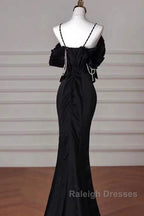 Mermaid Spaghetti Straps Black Long Prom Dresses Satin Prom Dresses