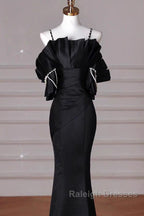 Sexy Mermaid Spaghetti Straps Black Long Formal Dress Satin Prom Dress