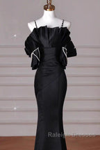 Mermaid Spaghetti Straps Black Long Prom Dresses Satin Prom Dresses
