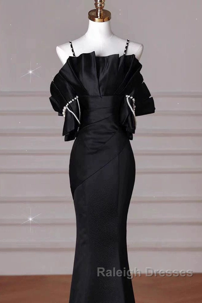 Mermaid Spaghetti Straps Black Long Prom Dresses Satin Prom Dresses