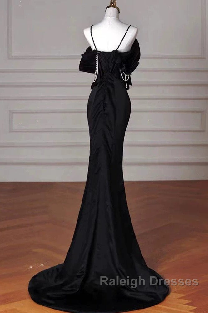 Sexy Mermaid Spaghetti Straps Black Long Formal Dress Satin Prom Dress