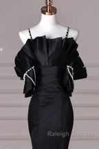 Mermaid Spaghetti Straps Black Long Prom Dresses Satin Prom Dresses