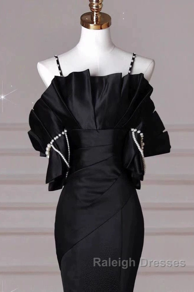 Mermaid Spaghetti Straps Black Long Prom Dresses Satin Prom Dresses