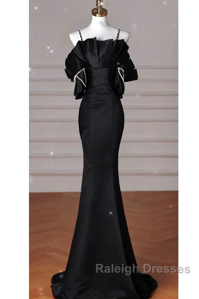 Sexy Mermaid Spaghetti Straps Black Long Formal Dress Satin Prom Dress