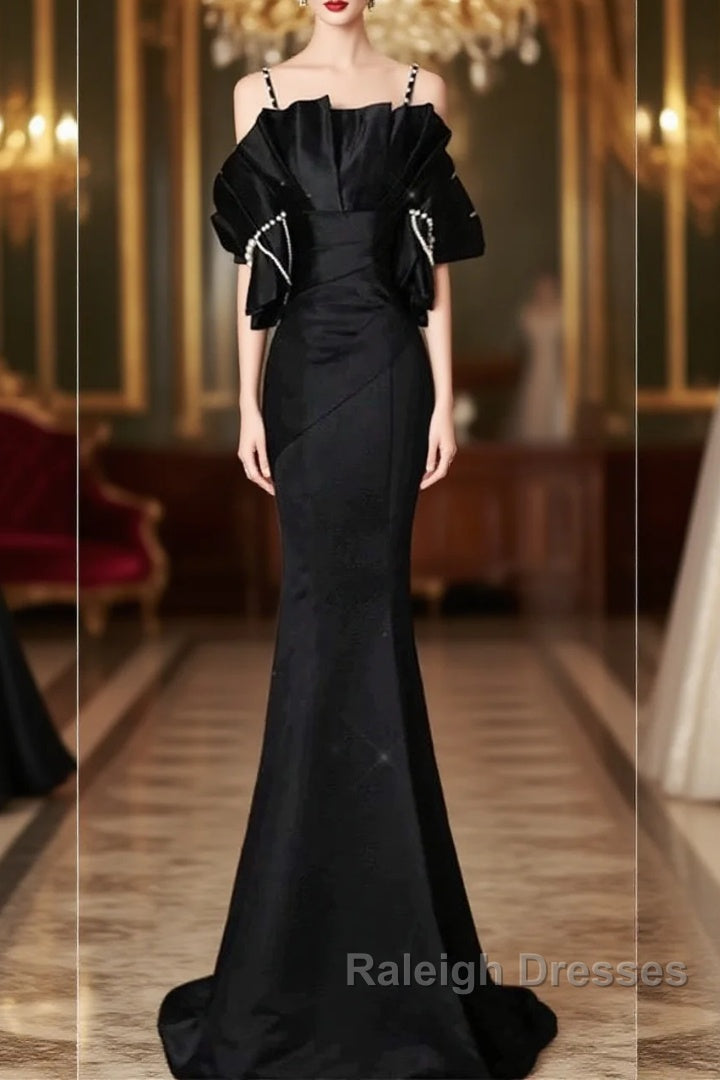 Sexy Mermaid Spaghetti Straps Black Long Formal Dress Satin Prom Dress