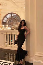 Mermaid Spaghetti Straps Black Satin Backless Prom Dress Birthday Outfits