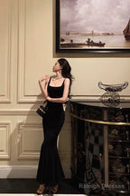 Mermaid Spaghetti Straps Black Satin Backless Prom Dress Birthday Outfits