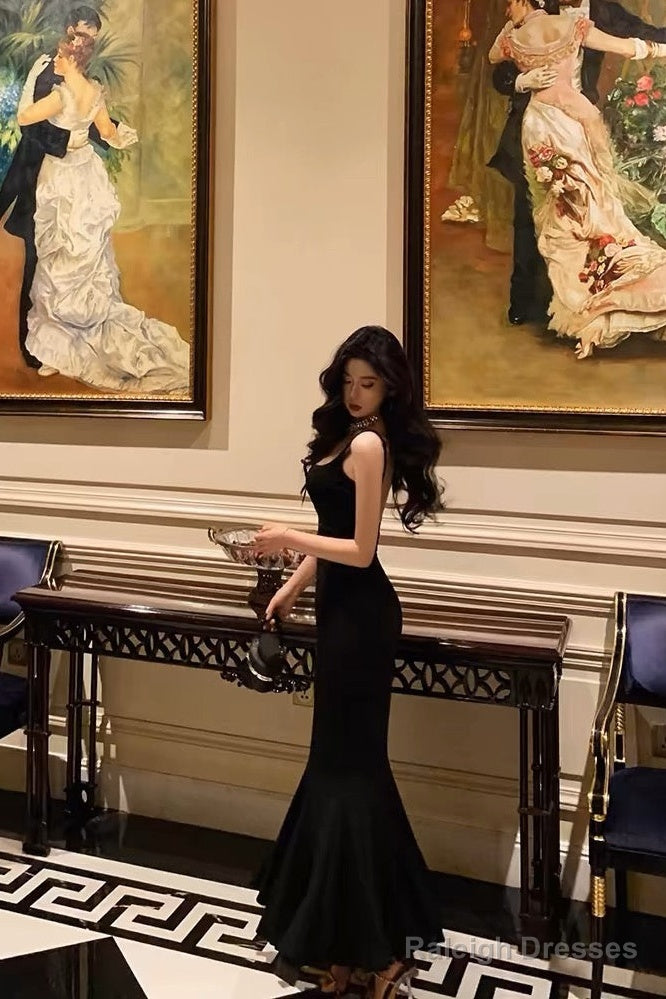 Mermaid Spaghetti Straps Black Satin Backless Prom Dress Birthday Outfits