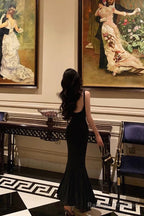 Mermaid Spaghetti Straps Black Satin Backless Prom Dress Birthday Outfits