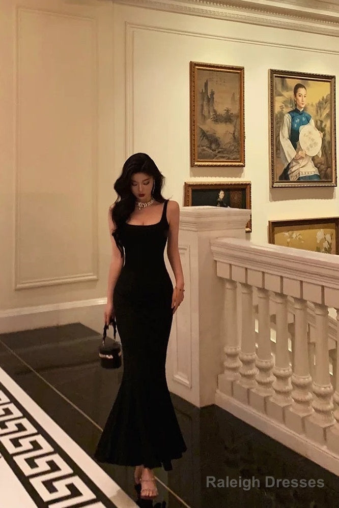 Sexy Mermaid Spaghetti Straps Black Satin Backless Prom Dresses Birthday Outfits Main image