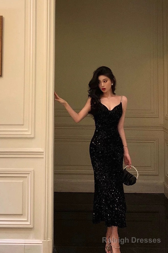 Mermaid Spaghetti Straps Black Sequin Prom Dress Birthday Outfits