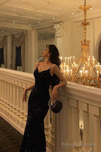 Mermaid Spaghetti Straps Black Sequin Prom Dress Birthday Outfits