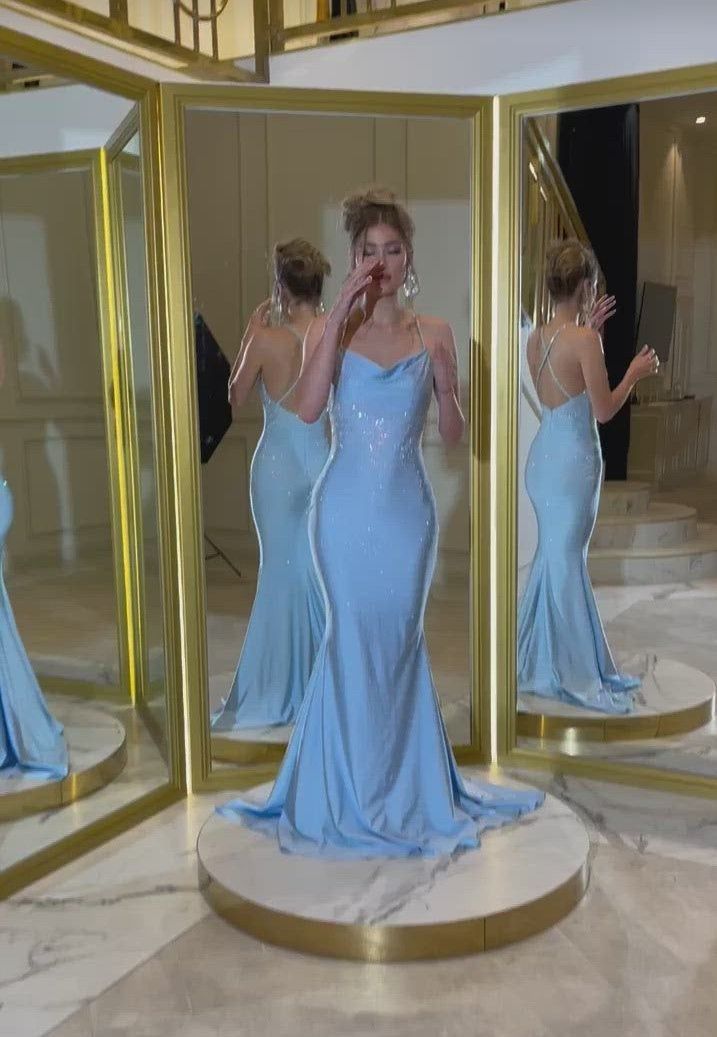 Mermaid Spaghetti Straps Blue Sequin Prom Dress Long Long Prom Dresses