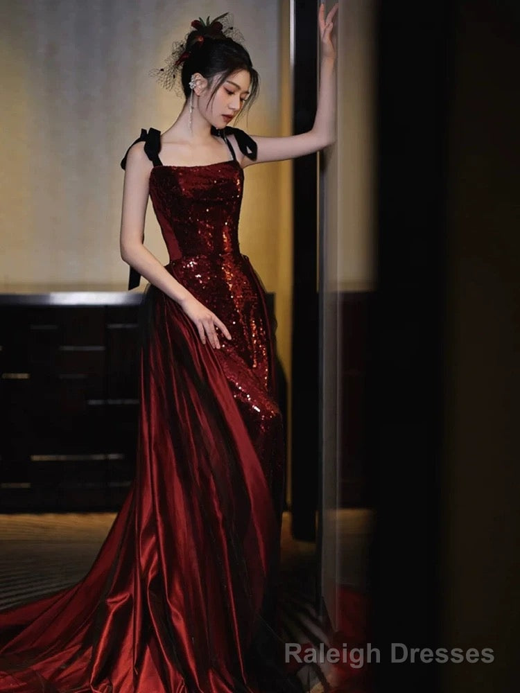 Sexy Mermaid Spaghetti Straps Burgundy Floor Length Prom Dress Main image