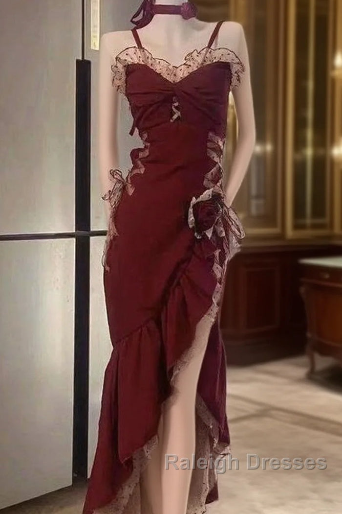 Mermaid Spaghetti Straps Burgundy Long Prom Dresses Main image