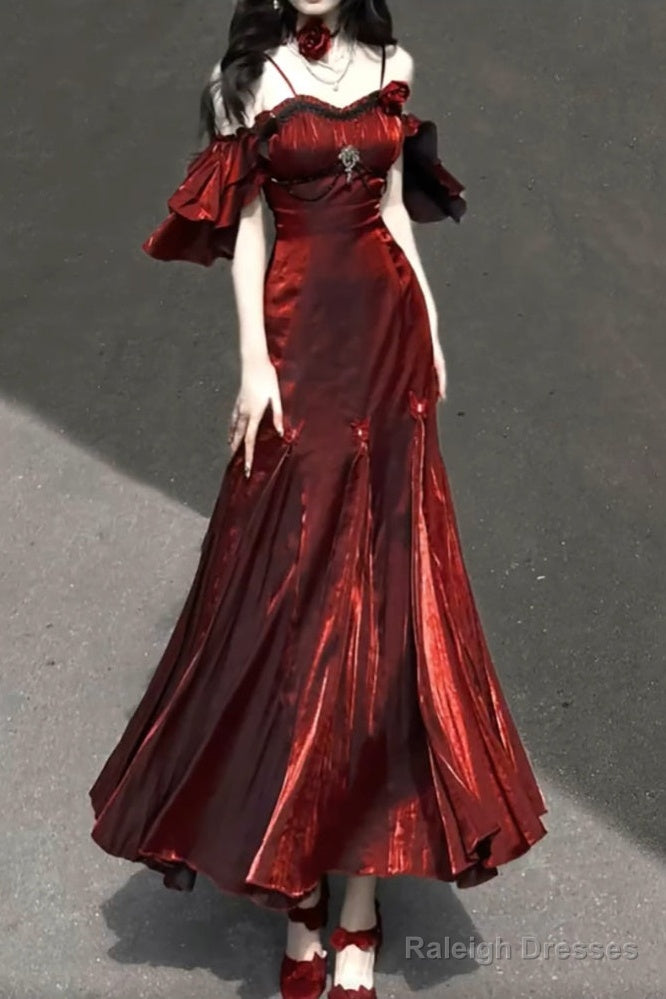 Mermaid Spaghetti Straps Burgundy Prom Dress Long Christmas Night Dresses Birthday Outfits