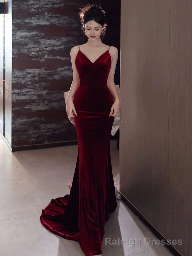 Sexy Mermaid Spaghetti Straps Burgundy Velvet Long Evening Dress Prom Dresses Secondary image
