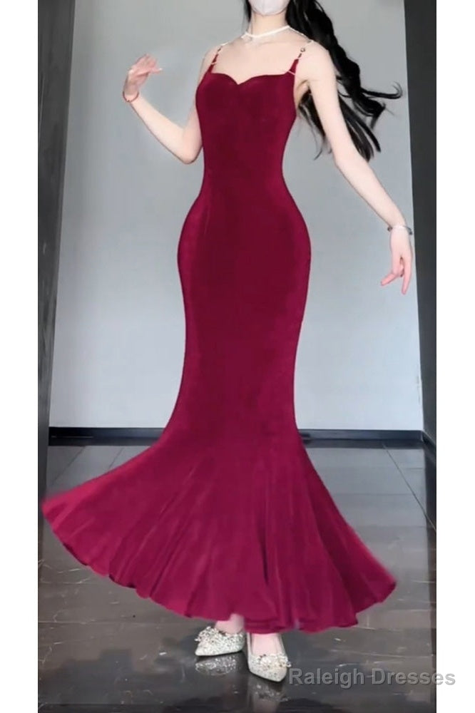 Mermaid Spaghetti Straps Christmas Dresses Burgundy Prom Dress Birthday Outfits Main image