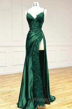 Sexy Mermaid Spaghetti Straps Dark Green Lace Backless Prom Dress Long Prom Dress