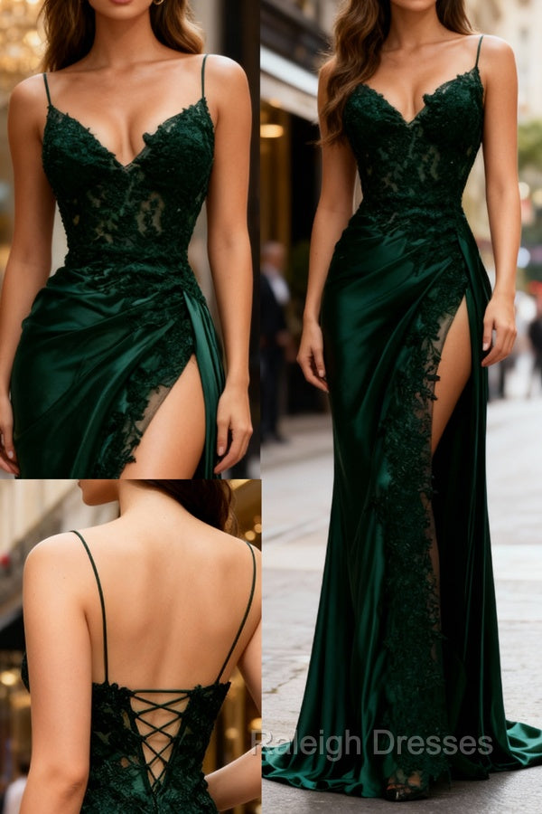 Sexy Mermaid Spaghetti Straps Dark Green Lace Backless Prom Dress Long Party Dress Main image