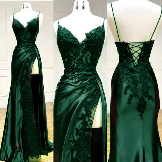Mermaid Spaghetti Straps Dark Green Lace Backless Prom Dresses Long Prom Dresses