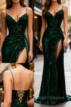 Sexy Mermaid Spaghetti Straps Dark Green Lace Backless Prom Dress Long Prom Dress