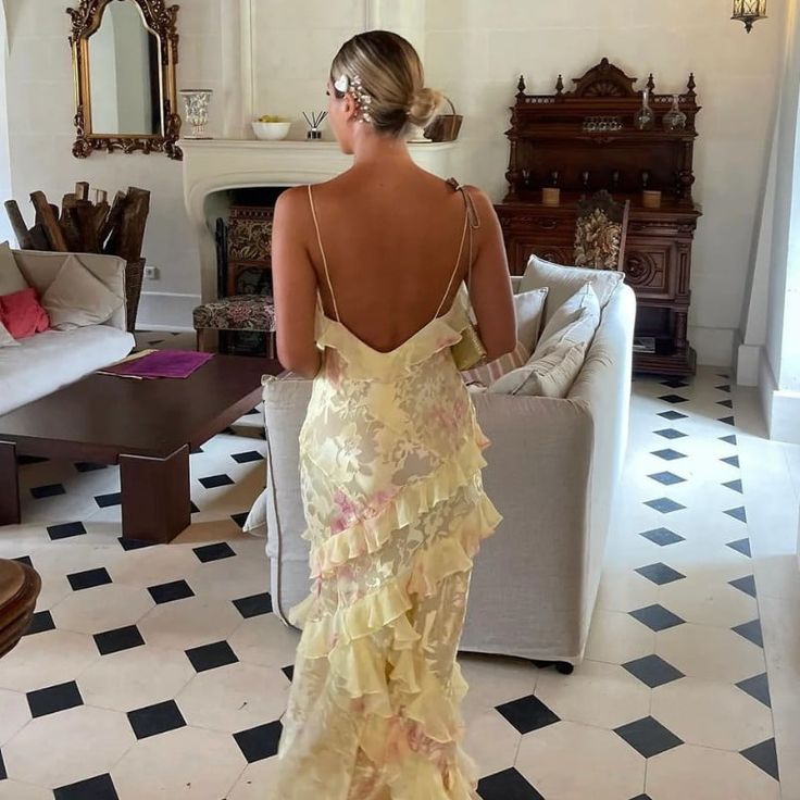 Mermaid Spaghetti Straps Floor Length Floral Yellow Chiffon Prom Dresses Prom Dress Secondary image