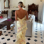 Mermaid Spaghetti Straps Floor Length Floral Yellow Chiffon Prom Dresses Prom Dress