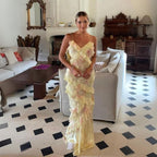 Mermaid Spaghetti Straps Floor Length Floral Yellow Chiffon Prom Dresses Prom Dress