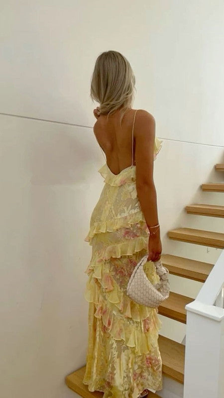 Mermaid Spaghetti Straps Floor Length Floral Yellow Chiffon Prom Dresses Prom Dress Main image