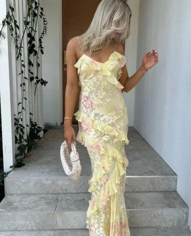 Mermaid Spaghetti Straps Floor Length Floral Yellow Chiffon Prom Dresses Prom Dress