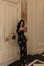 Mermaid Spaghetti Straps Floral Black Prom Dress Ankle Length Birthday Outfits