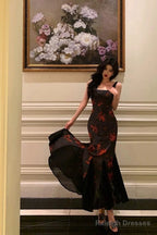 Mermaid Spaghetti Straps Floral Black Prom Dress Birthday Outfits