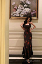 Mermaid Spaghetti Straps Floral Black Prom Dress Birthday Outfits