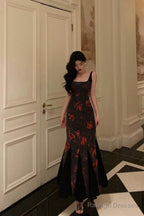 Mermaid Spaghetti Straps Floral Black Prom Dress Birthday Outfits