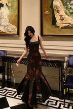 Mermaid Spaghetti Straps Floral Black Prom Dress Birthday Outfits