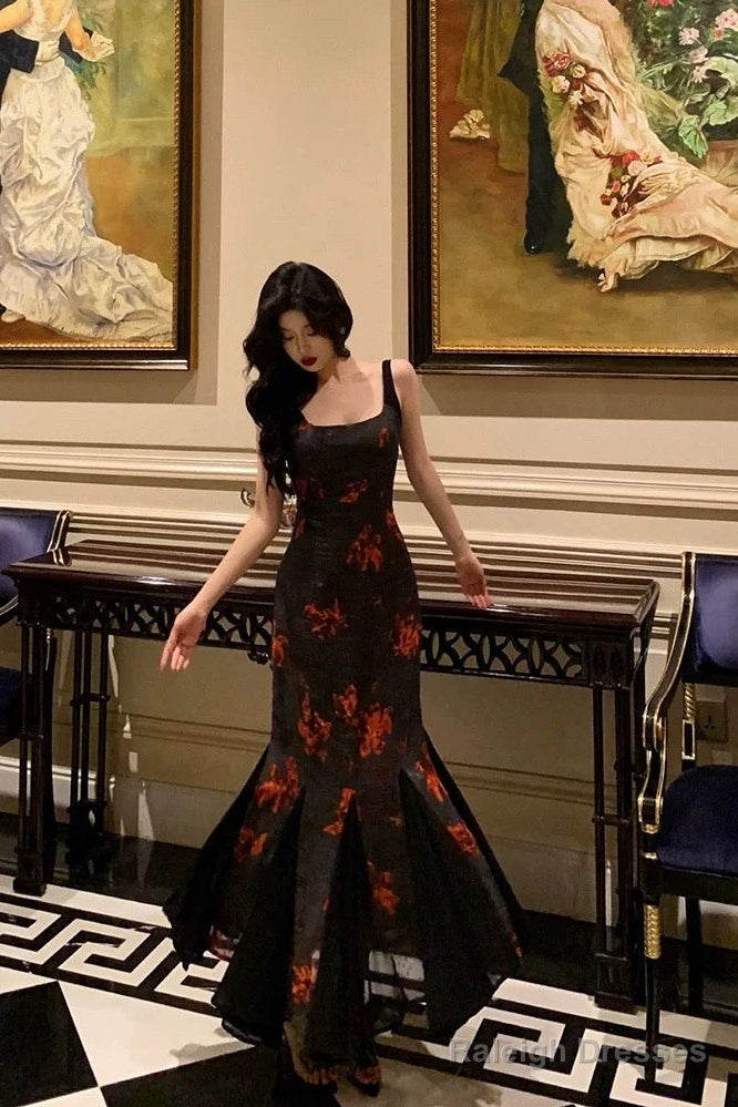 Mermaid Spaghetti Straps Floral Black Prom Dress Birthday Outfits