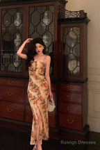 Mermaid Spaghetti Straps Floral Slit Prom Dress Long Birthday Outfit