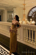 Mermaid Spaghetti Straps Gold Velvet Prom Dress Long Birthday Outfits