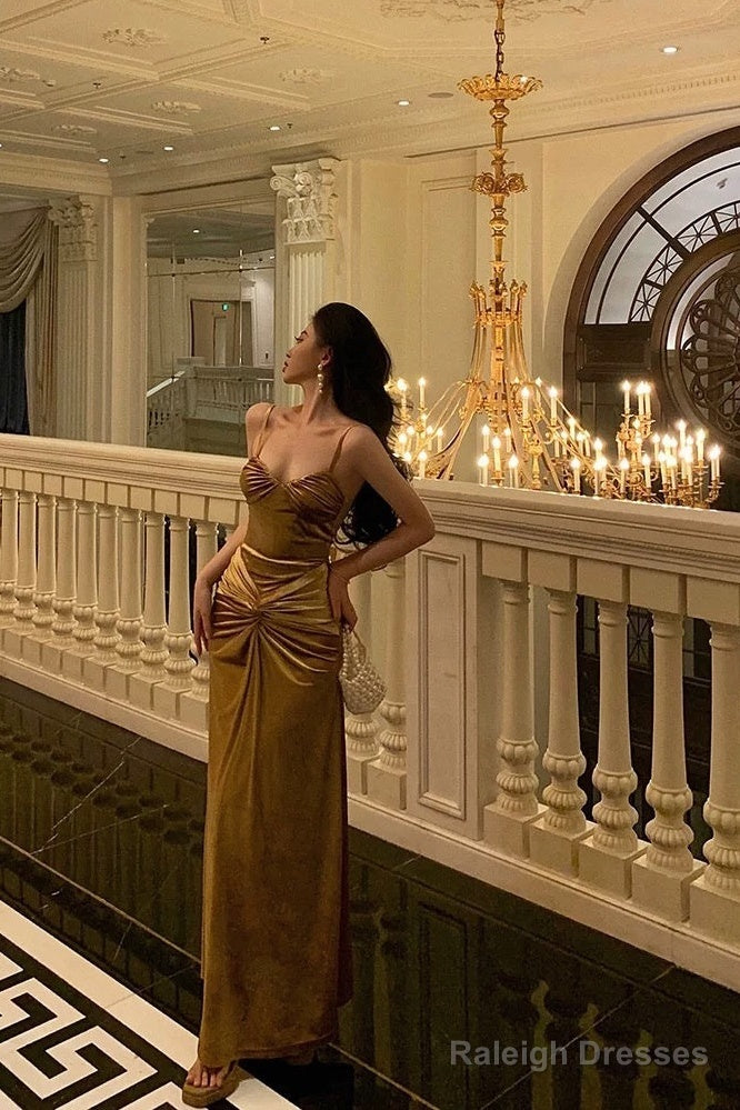 Mermaid Spaghetti Straps Gold Velvet Prom Dress Long Birthday Outfits