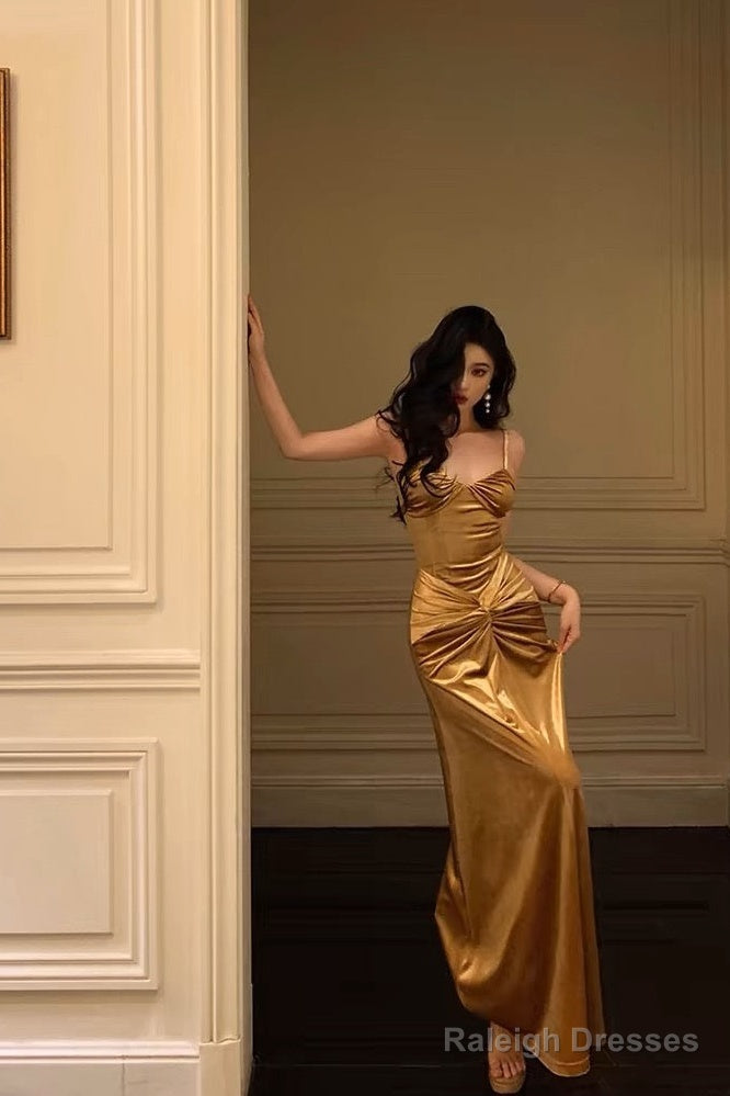 Mermaid Spaghetti Straps Gold Velvet Prom Dress Long Birthday Outfits