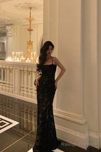 Sexy Mermaid Spaghetti Straps Lace Long Black Prom Dresses Birthday Outfits