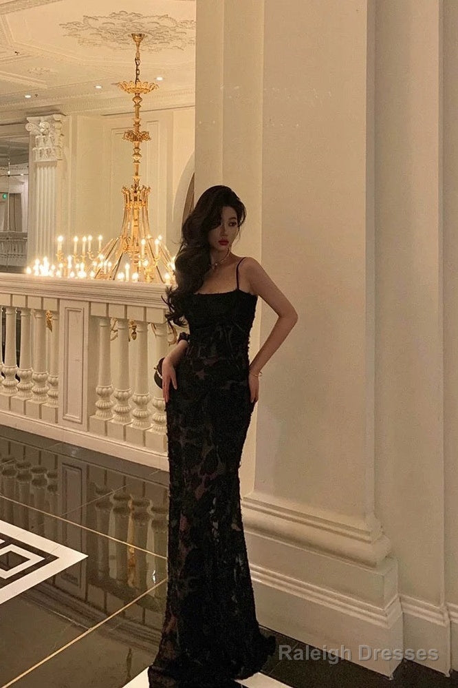 Sexy Mermaid Spaghetti Straps Lace Long Black Prom Dresses Birthday Outfits