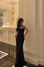 Mermaid Spaghetti Straps Lace Long Black Prom Dress Birthday Outfits