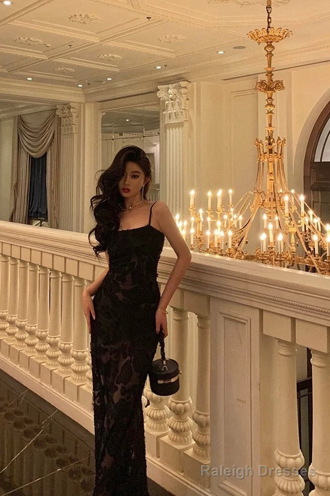 Sexy Mermaid Spaghetti Straps Lace Long Black Prom Dresses Birthday Outfits