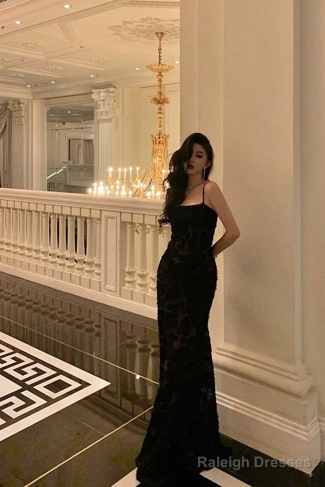 Sexy Mermaid Spaghetti Straps Lace Long Black Prom Dresses Birthday Outfits