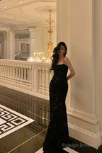 Sexy Mermaid Spaghetti Straps Lace Long Black Prom Dresses Birthday Outfits