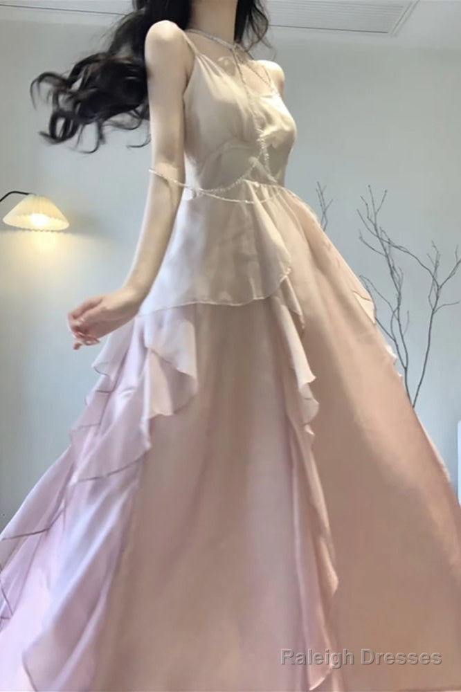 Mermaid Spaghetti Straps Ombre Pink Chiffon Dresses Prom Dress Long Birthday Outfits